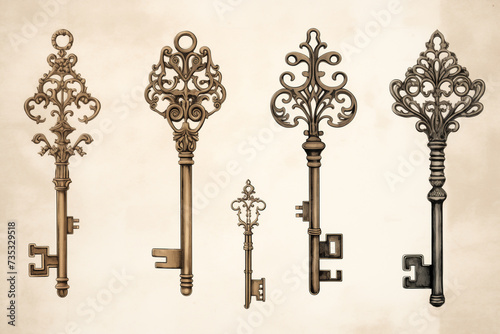 Set of Antique Metal Copper Bronze Keys on old paper backcground, Poster, Junk Book