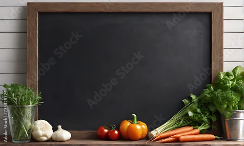 Generative ai. a picture of a blackboard with vegetables and a knife, blackboard in background © Baxxtee