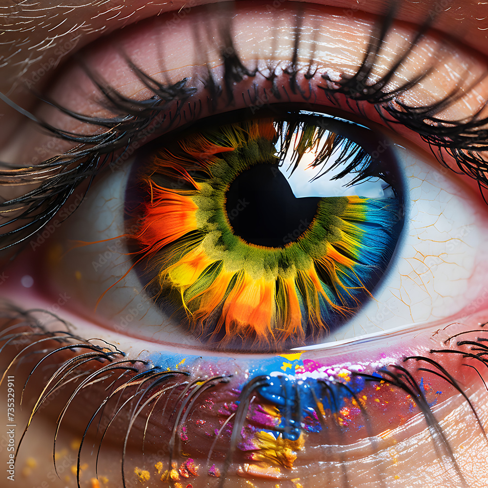 Close-up of a person's eye with rainbow-colored iris. LGTB concept