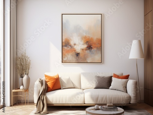 A modern living room with a bright sofa and a painting. Wall mock-up