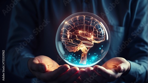 Generative ai. a man holding a glowing brain in his hands, istock, consciousness projection, brain connected to computer © Baxxtee