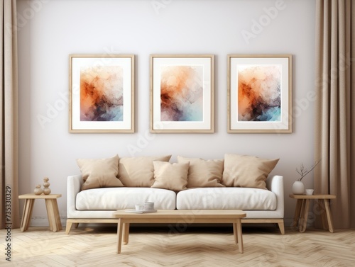 Three abstract paintings in a modern living room. Wall mock-up