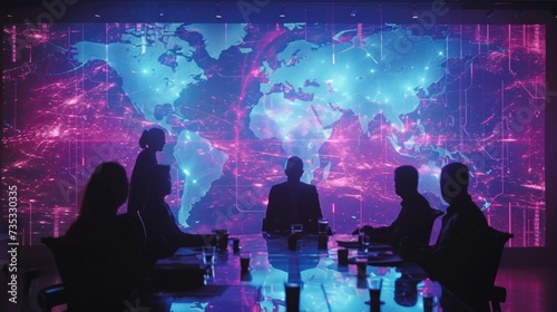 A hologram of a world map is projected in front of a team as they discuss global marketing strategies in realtime. © Justlight