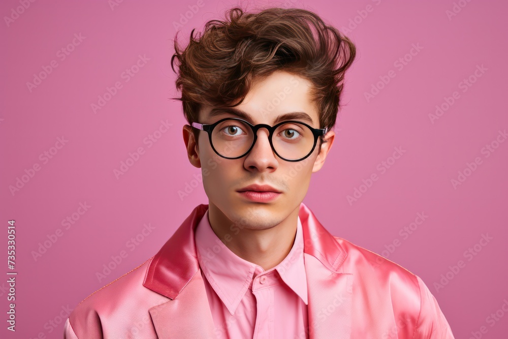 young guy model wearing glasses on pink background - optics salon poster
