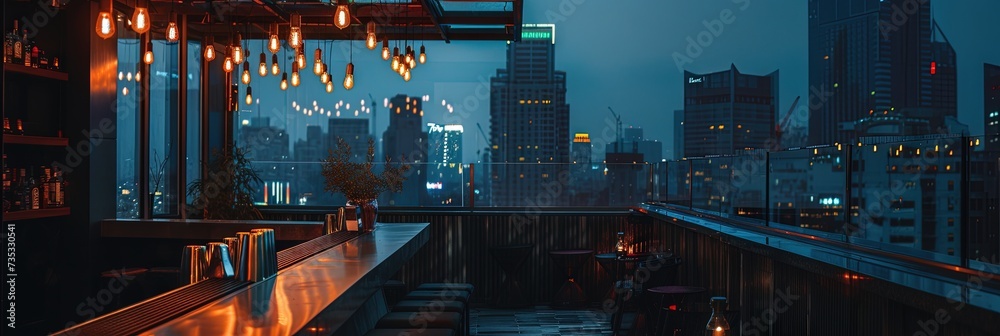 Rooftop bar overlooking the city - comfortable lounge on top of the roof of a building - obrazy, fototapety, plakaty 
