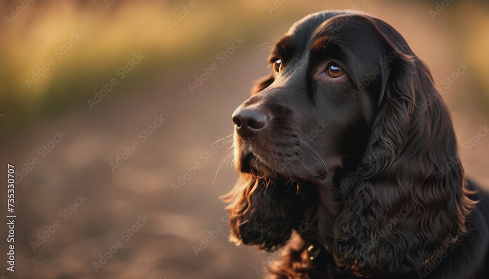English Cocker spaniel, dog at dawn, purebred dog in nature, happy dog, beautiful dog