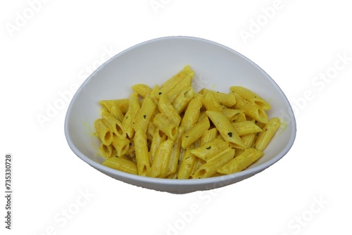 penne pasta with alfredo sauce, isolated on white background