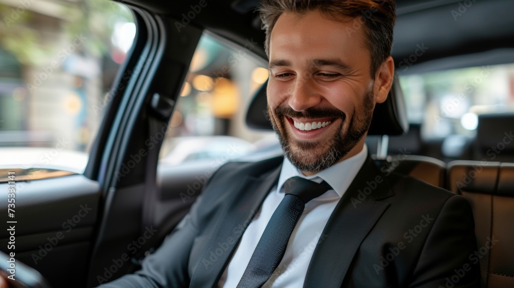 Young businessman in luxury car texting on smartphone, focused on business communication.