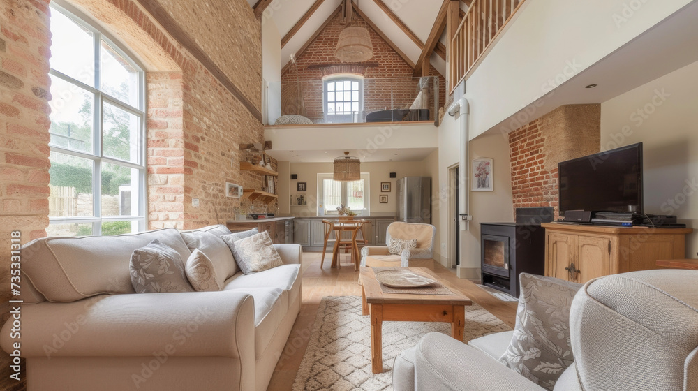 Indulge in the simplicity of country living in this charming barn conversion featuring a warm and inviting interior. - obrazy, fototapety, plakaty 