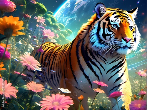 Generative ai. a tiger standing in a field of flowers  cosmic tiger  majestic beautiful world    tiger    sacred tiger  amazing wallpaper  highly detailed hd  tigers  detailed beautiful animals  tiger