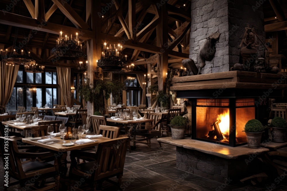 Fototapeta premium restaurant chalet wooden interior design at mountain ski resort