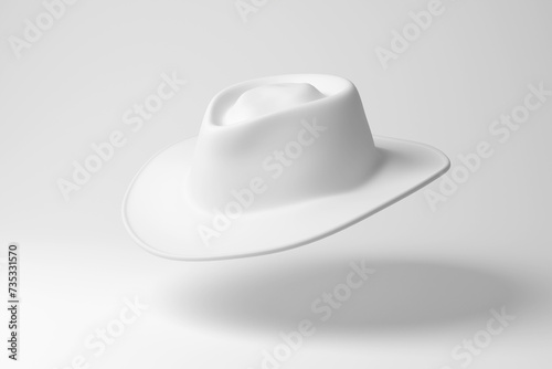White cattleman hat floating in mid air on white background in monochrome and minimalism. Illustration of the concept of men fashion and western cowboy