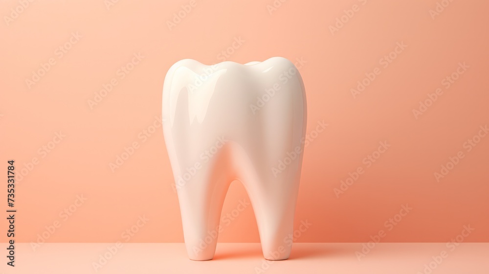 white ceramic tooth 3d render model on pastel peach orange color background. Dentist clinic poster or website banner with copy space.