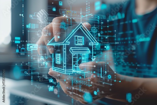 Visualize an image depicting the real estate investment concept, featuring a man interacting with a virtual house icon to analyze mortgage loans, home insurance, and real property mortgages