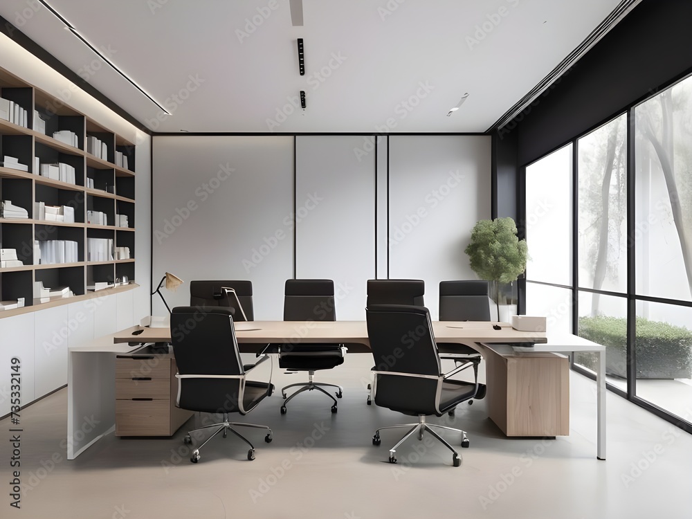 Spacious and Modern Office: A Blend of Minimalist Design, Natural Light, and Organized Workspace Promoting Productivity and Serenity, generative AI