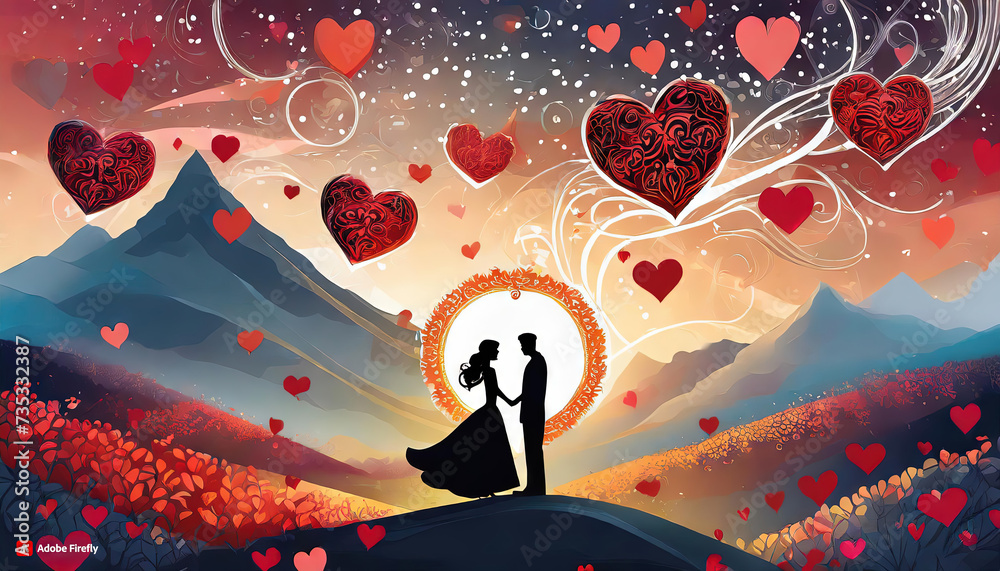 Couple in love silhouette with hearts flying around them in an outdoor ...