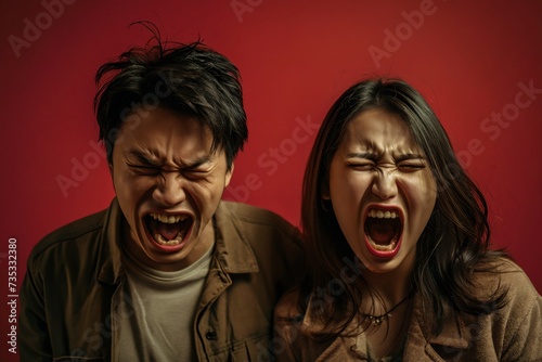 Angry young adult asian woman yelling versus her husband. Man and woman shouting at each other over dark studio background. Closeup of asian couple fighting, relationship in trouble