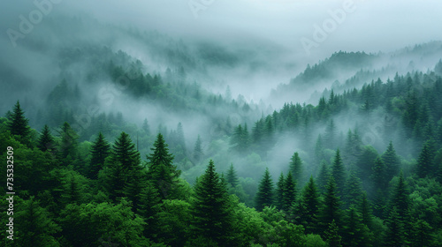 Foggy Morning in Lush Green Pine Forest