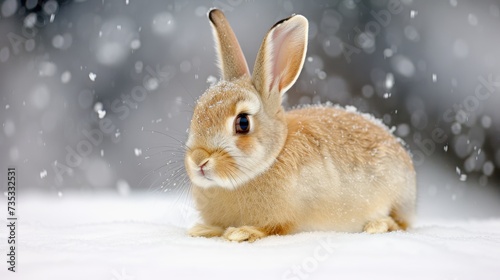 Enchanting hare on snowy winter forest background, creating a serene and beautiful natural scene.