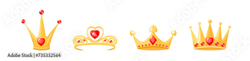 Golden crowns and tiaras with red ruby set. Elegant jewelry for queens and princes with hearts monarchical design and vintage gemstones with royal vector style