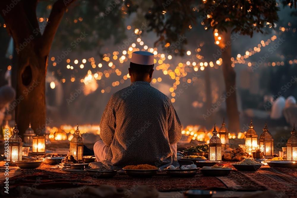 A man sits in front of a table adorned with numerous candles. A man sits in front of a table adorned with numerous candles.