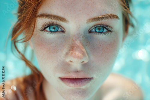 A detailed view of a woman with beautiful blue eyes, showing her freckled face and preparing for a pool-side photoshoot.