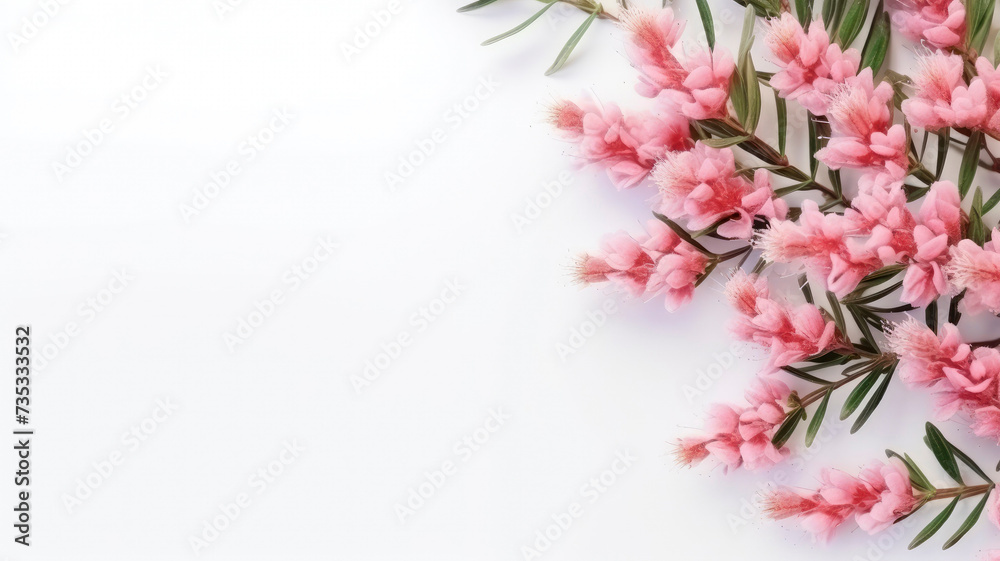 composition of a bouquet of pink Ozomanthus flowers, top view with copy space on a white background composition of a bouquet of pink Ozomanthus flowers, top view with copy space on a white background