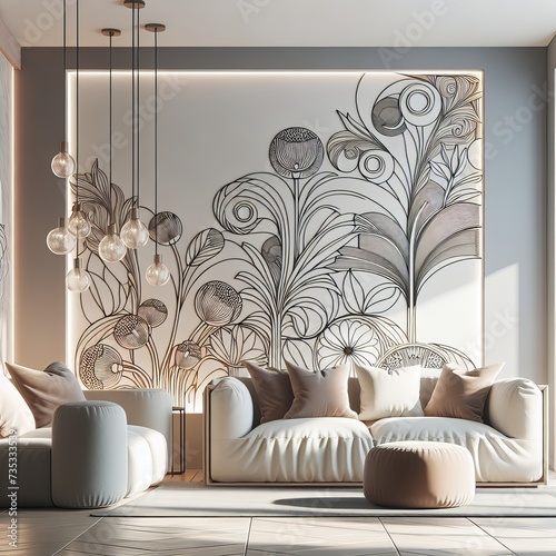 Modern Minimalist Living Room with Elegant Sofa, Artistic Wall Mural, and Hanging Glass Bulb Lights photo