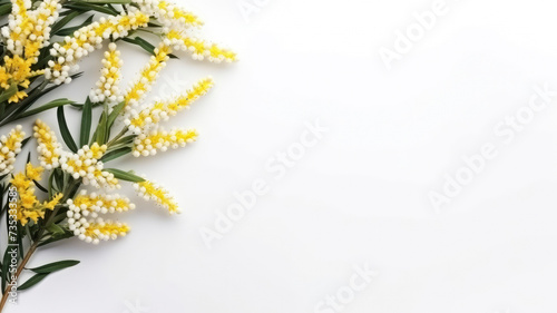 composition of a bouquet of yellow Osmanthus flowers  top view with copy space on a white background