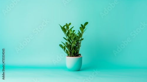 Vibrant ZZ Plant in Teal Pot on Harmonious Solid Background