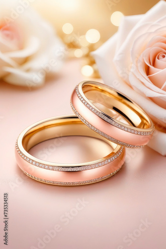 Romantic wedding invitation background. Wedding rings and roses in light tone with bokeh.