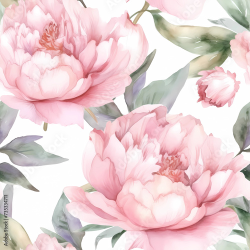 Seamless floral pattern with pink watercolor peony flowers. Print for wallpaper, cards, fabric, wedding stationary, wrapping paper, cards, backgrounds, textures