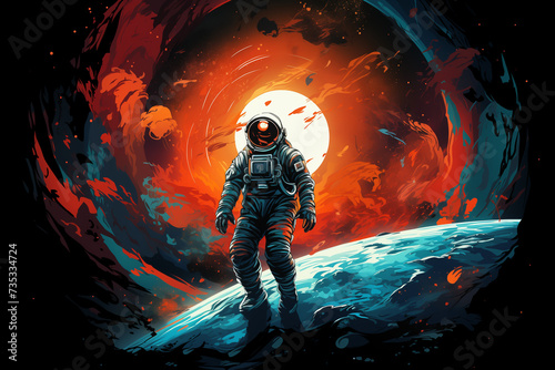 Astronaut on the background of the planet. Vector illustration.