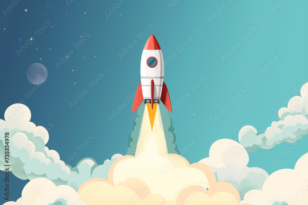 Fototapeta premium Rocket in the sky. Start up business concept. Vector illustration.