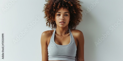 Fit young woman wearing tank top and shorts, posing on solid white background