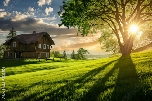 Beautiful summer landscape with green meadow and house at sunset.
