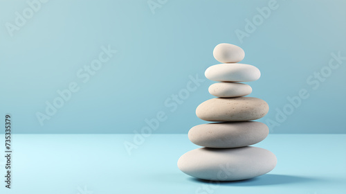 Stack of white zen stones on blue background