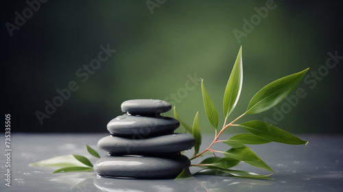 zen basalt stones and green bamboo on grey background  spa concept