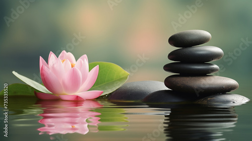 Pink lotus flower on zen stones with water reflection, spa concept