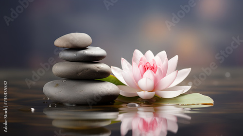 Pink lotus flower on zen stones with water reflection  spa concept