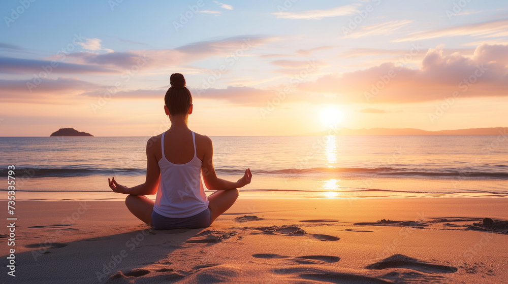 Silhouette of young woman practicing yoga on the beach at sunset