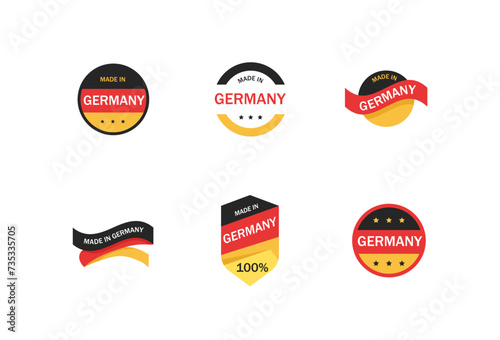 Made in germany labels set. Business production sticker with german flag for sale and discounts for product design and vector banners