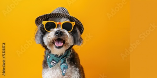 Dog wearing sunglasses, hat, and bandana on bright and vibrant summer background