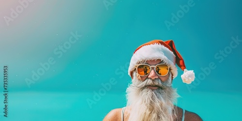 Santa Claus wearing sunglasses, hat, and bandana on bright and vibrant summer background for Christmas in July photo