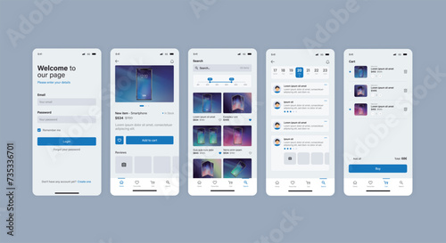 Smartphone UI app. Phone screens for shop application. Mobile interface with account login and shopping cart. Screenshots responsive website mockups.
