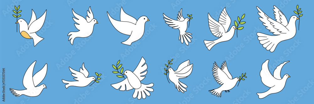 Set of Doves of peace outline in doodle style isolated on background. Hand drawn vector art. Set of Doves of peace outline in doodle style isolated on background. Hand drawn vector art.