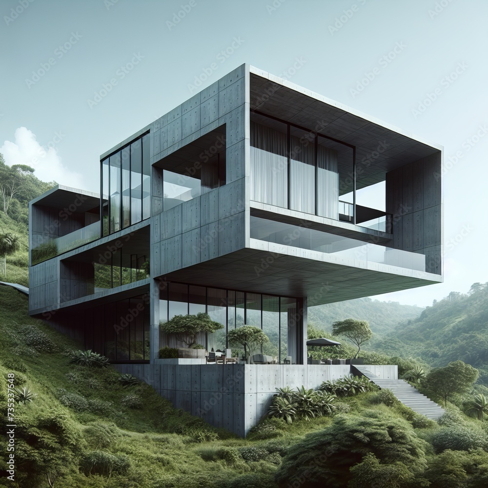 Fototapeta premium Modern Minimalist House Exterior with Concrete Structure, Large Windows, and Beautiful Surrounding Landscape