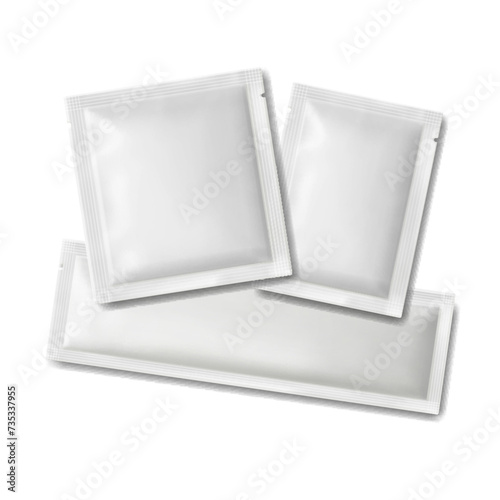 Sachet set. Blank foil paper or plastic pack. Sachet packaging mockups for food, cosmetic and hygien. Realistic 3d vector illustration