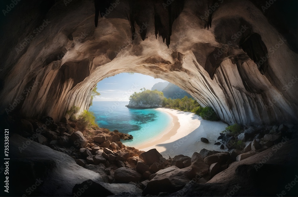 a view from inside a cave opening onto a secluded island beach
