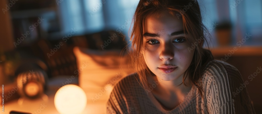 Fototapeta premium Young woman sitting at wooden table working on laptop with coffee